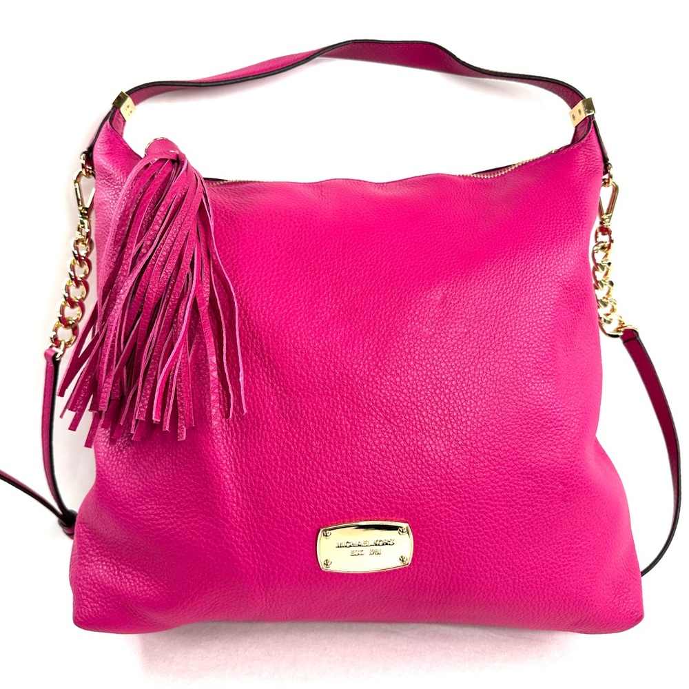 Michael Kors Fuchsia Pink Leather Large Shoulder Bag Purse Chain Strap Tassel - Picture 4 of 13